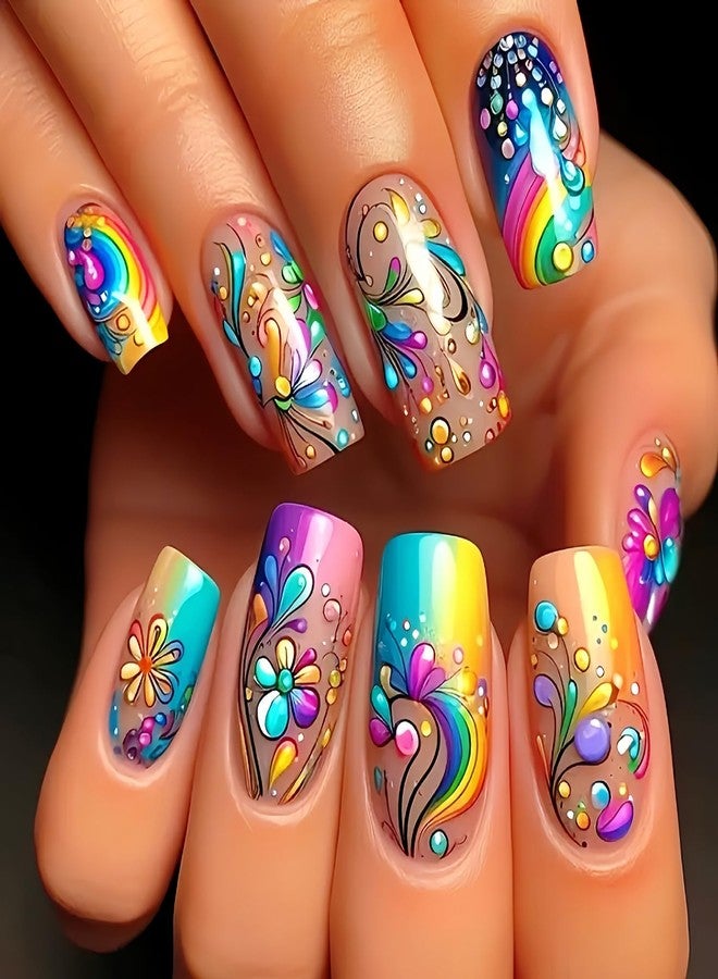 TBRZTR Press on Nails Medium Square Nails Gradient Acrylic Nails Colorful Stripe Design Artificial Nails Flower Smudge False Nails Full Cover Glossy Glue on Nails 24Pcs Stick on Nails for Women - Image 1